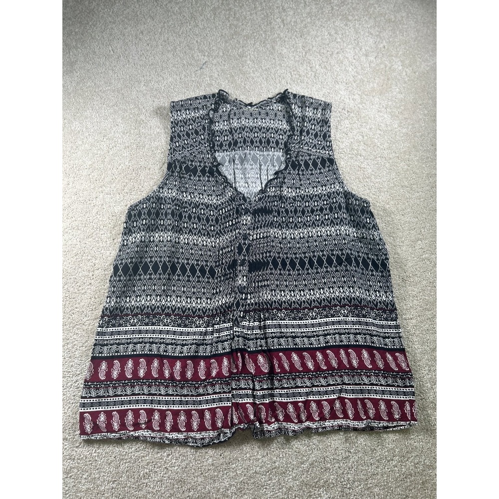 Black Combo Women's Sleeveless Top Large Rayon Button‎ Detail